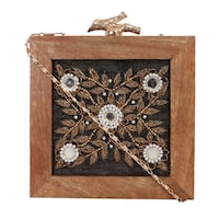 Artflyck Hand Embroidered Wooden Clutch with Chain, Black and Gold, 6inch