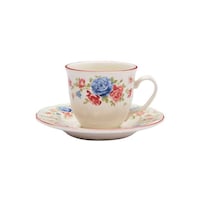 Claytan Cottage Roses Printed Cup & Saucer Set, Blue & Red, 200ml - Carton of 65 Sets
