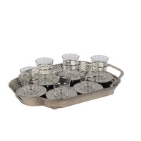 Doreline Tea Cups With Saucer & Tray, Set of 13Pcs, Silver