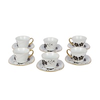 Diamond Flower Design Tea Cup With Saucer Set Of 6Pcs, Black & Gold