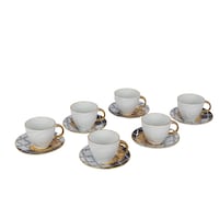 Diamond Flower Print Tea Cups With Saucer Set Of 6Pcs, Black & Gold