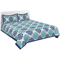 Picture of Navyata Queen Size Traditional Print Cotton Bedsheet with Pillow Cover, Nav07005, Blue, Set of 3