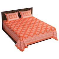 Navyata Queen Size Traditional Print Cotton Bedsheet with Pillow Cover, Nav07029, Orange, Set of 3