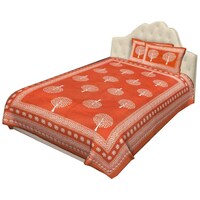 Navyata Queen Size Traditional Print Cotton Bedsheet with Pillow Cover, Nav07022, Orange, Set of 3
