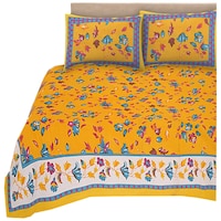 Picture of Navyata Queen Size Floral Cotton Bedsheet with Pillow Cover, Nav07036, Yellow, Set of 3