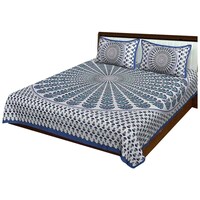 Picture of Navyata Queen Size Traditional Motif Print Cotton Bedsheet with Pillow Cover, Blue, Set of 3