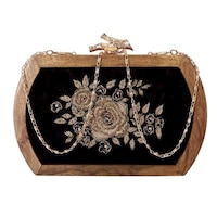 Artflyck Rose Style Handcrafted Wooden Zari Embroidered Clutch, Black & Brown