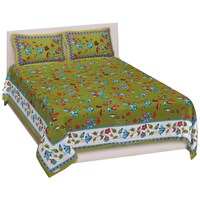 Navyata Queen Size Floral Cotton Bedsheet with Pillow Cover, Green, Set of 3