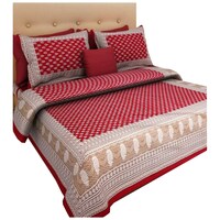 Navyata Queen Size Traditional Print Cotton Bedsheet with Pillow Cover, Red, Set of 3