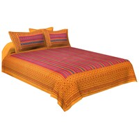 Picture of Navyata Queen Size Traditional Print Cotton Bedsheet with Pillow Cover, Nav07018, Orange, Set of 3