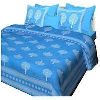 Navyata Queen Size Traditional Print Cotton Bedsheet with Pillow Cover, Nav07020, Blue, Set of 3