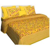 Navyata Queen Size Floral Print Cotton Bedsheet with Pillow Cover, Nav07008, Yellow, Set of 3