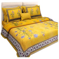 Navyata Queen Size Floral Print Cotton Bedsheet with Pillow Cover, Nav07009, Yellow, Set of 3