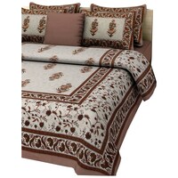 Navyata Queen Size Floral Print Cotton Bedsheet with Pillow Cover, Brown, Set of 3