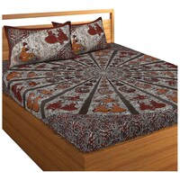 Navyata Queen Size Traditional Print Cotton Bedsheet with Pillow Cover, Orange and Brown, Set of 3