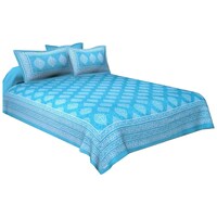 Navyata Queen Size Traditional Print Cotton Bedsheet with Pillow Cover, Nav07028, Blue, Set of 3