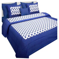 Navyata Queen Size Traditional Print Cotton Bedsheet with Pillow Cover, Blue and White, Set of 3
