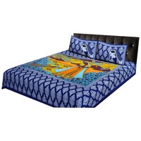 Navyata Queen Size Traditonal Print Cotton Bedsheet with Pillow Cover, Nav07002, Blue, Set of 3