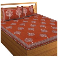 Picture of Navyata Queen Size Traditional Print Cotton Bedsheet with Pillow Cover, Brown, Set of 3