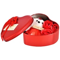 Abha Print Heart Shape Teddy and Roses Gift Box, Red