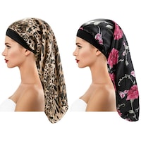 Picture of Boobeen Satin Large Loose Soft Elastic Wide Band Hat Cap, Floral & Leopard - 2Pcs