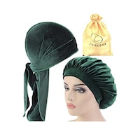 Chillstar Velvet Durag & Bonnet Set with Silk Travel Bag, Green - 3Pcs