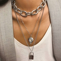 Picture of Wekicici Long Chain Necklace with Coin and Lock Boho Multi Layered, Silver