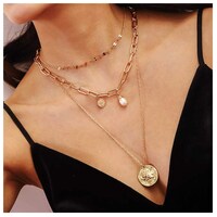 Picture of Woeoe Bohe Coins Gold Beach Pearl Pendant Multilayered Sequins Necklace