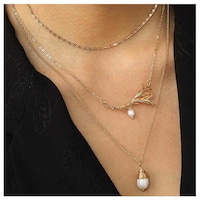 Woeoe Bohe Multilayered Leaf Pearls Layered Gold Beach Leaves Pendant Necklace