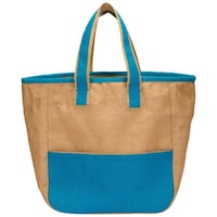 GoBamboos Ladies Jute Handbag, JHB2246, 13x14x6 Inch, Beige and Blue