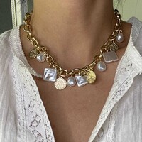 Asphire Punk Cuban Link Chain Choker Necklace with Irregular Pearl Coin, Gold