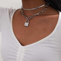 Aimimier Punk Stackable Lock Pendant Necklace for Women, Silver - Pack of 2 Pcs