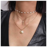 Picture of Woeoe Bohe Multilayered Cross, Seashell Choker & Gold Pearls Pendant Necklace
