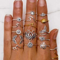 Picture of Xerling Flower Rings Vintage Knuckle Ring Sliver Ring Set - Pack of 15