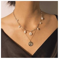 Picture of Woeoe Pearls Layered Necklace Gold Beach Coin Pendants Necklace