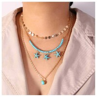 Picture of Woeoe Bohe Turquoise Evil Eye, Starfish & Gold Sequins Pendant Necklaces Chain