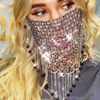 Picture of Woeoe Sparkly Crystal Mesh Black Rhinestone Tassel Masquerade Face Mask