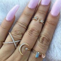 Xerling Fancy Gold Rings Pack Dainty Moon and Star Trendy Crystal Ring Set