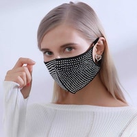 Sttiafay Sparkly Rhinestone Mesh Face Mask for Women, Silver