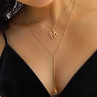 Picture of Woeoe Multilayer Bar Gold Layered Necklaces Pearl Pendant Necklace Jewelry