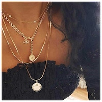 Picture of Aimimier Layered Flat Herringbone Chain Necklace with Evil Eye Pendant, Gold