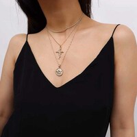 Picture of Xerling Women Long Portrait Coin Flower Link Chain Choker Pendant Necklace, Gold