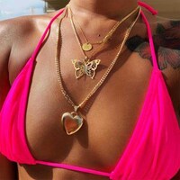 Chargances Gold Multi Layer Sexy Butterfly & Heart Pendant Long Chain Necklace