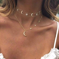 Beryuan Halloween Gold Multi Layer Moon Star Rhinestones Necklace for Woman