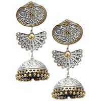 Picture of Mryga Women's Handcrafted Dual Tone Brass Long Jhumka Earrings, SB787699, Silver & Gold