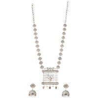 Mryga Handcrafted Elegant Brass Long Necklace and Earrings Set, SB787750, Silver