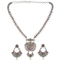 Mryga Handcrafted Elegant Brass Long Necklace and Earrings Set, SB787747, Silver & Pink