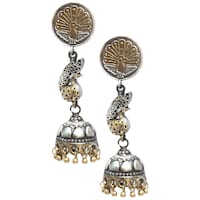 Picture of Mryga Women's Handcrafted Dual Tone Brass Long Jhumka Earrings, SB787705, Silver & Gold