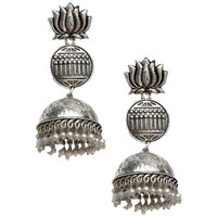 Picture of Mryga Women's Handcrafted Brass Lotus Jhumka Earrings, SB787708, Silver