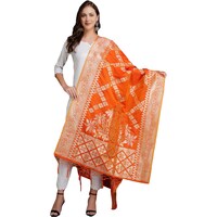 Mryga Women's Art Silk Banarasi Dupatta, SB785515, Orange & Golden